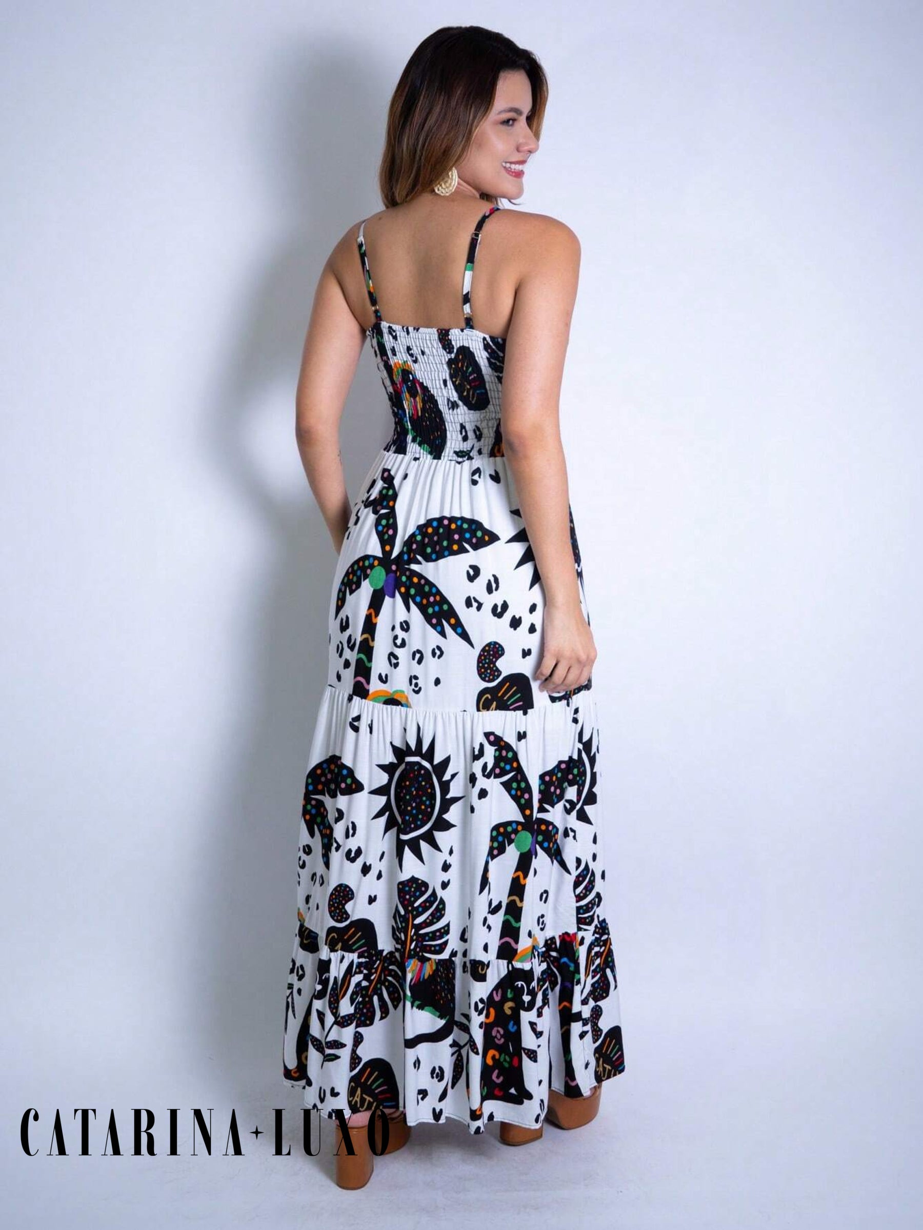 Vestido Longo Franzido Estampado Esther