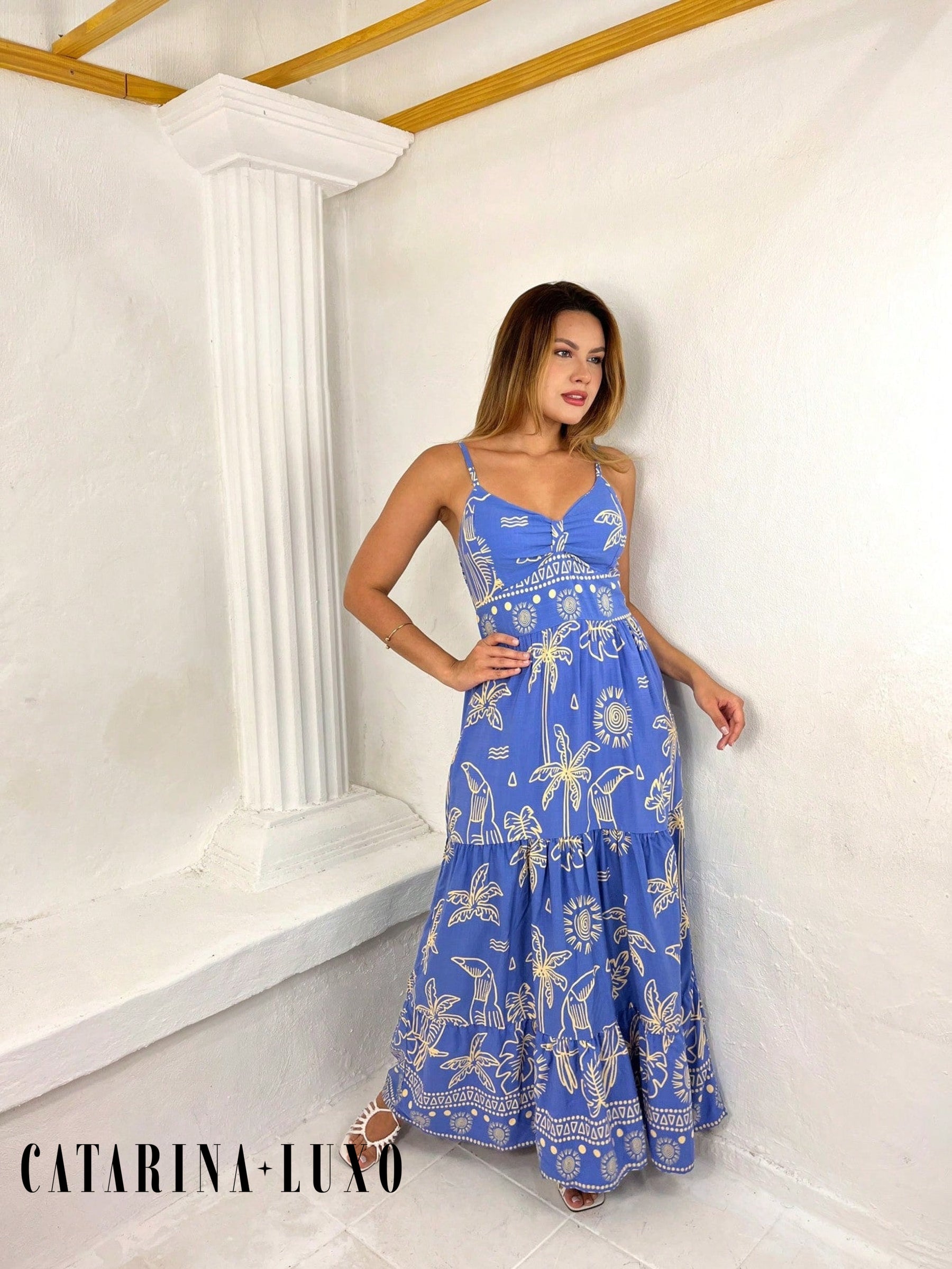 Vestido Longo Franzido Estampado Esther
