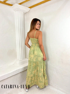 Vestido Longo Franzido Estampado Esther