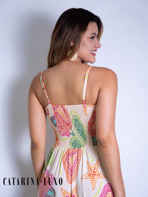 Vestido Longo Franzido Estampado Esther