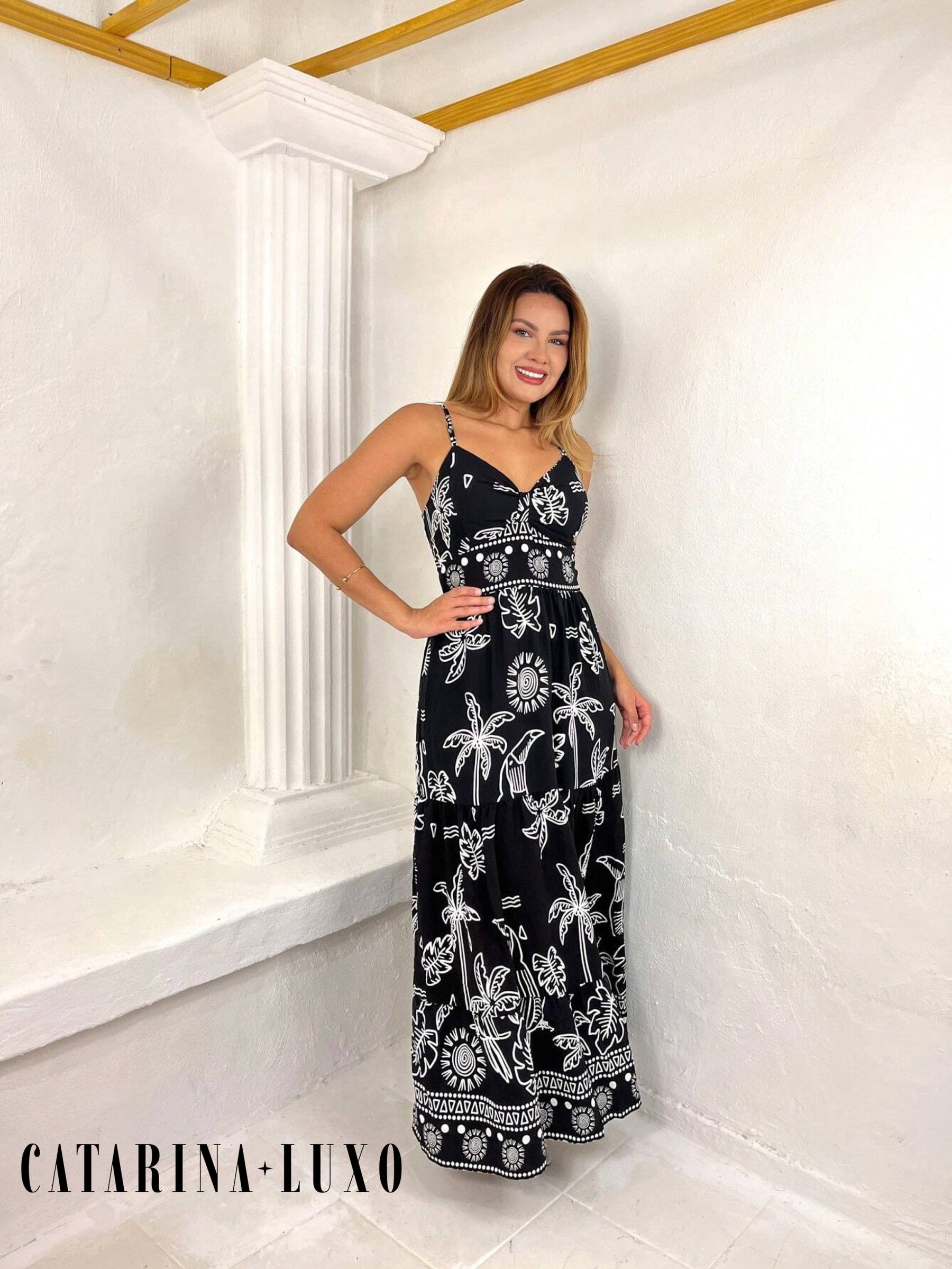 Vestido Longo Franzido Estampado Esther