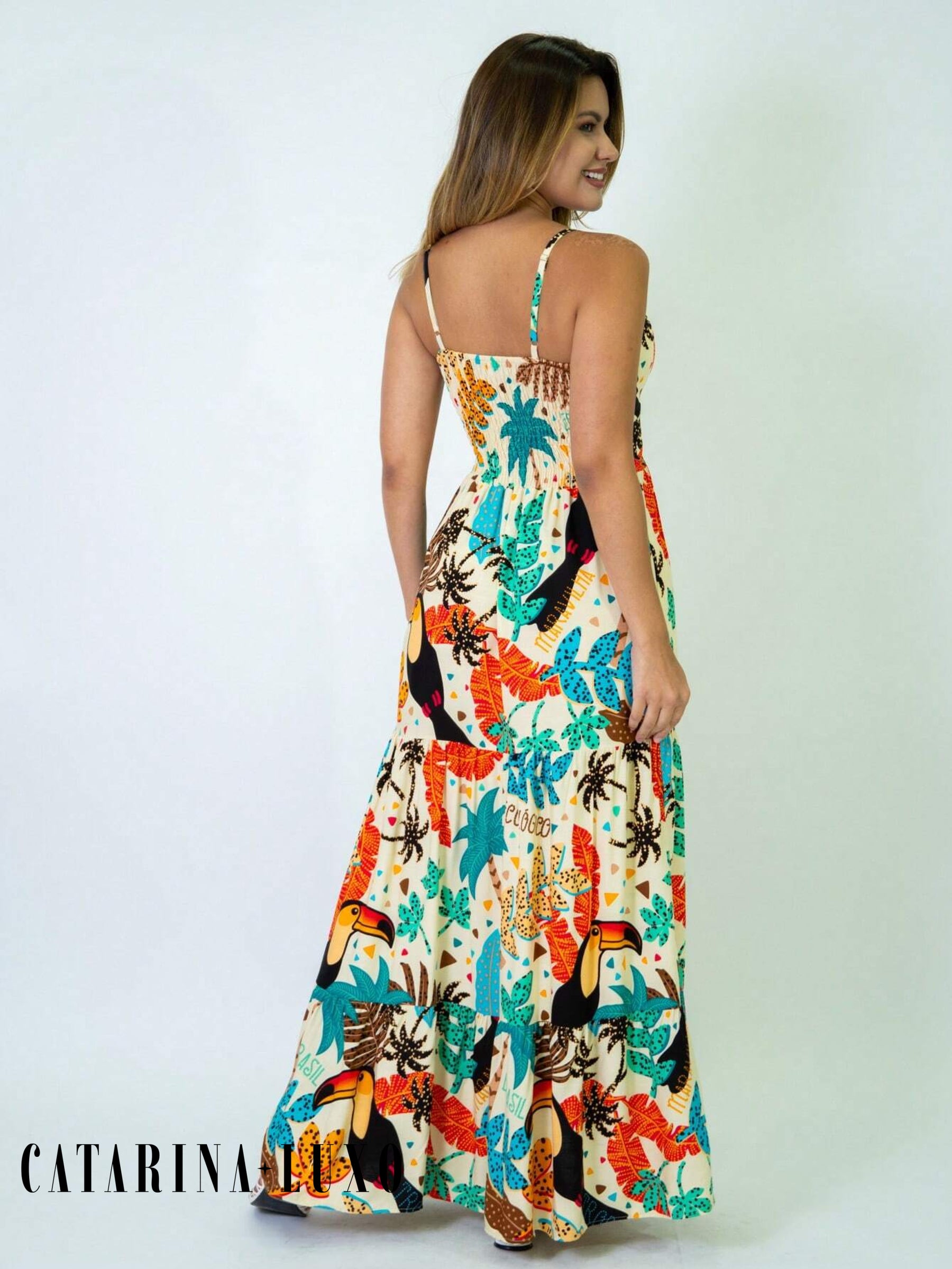 Vestido Longo Franzido Estampado Esther