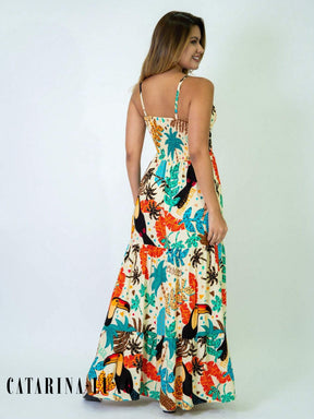 Vestido Longo Franzido Estampado Esther