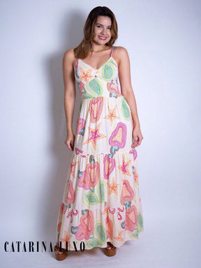 Vestido Longo Franzido Estampado Esther