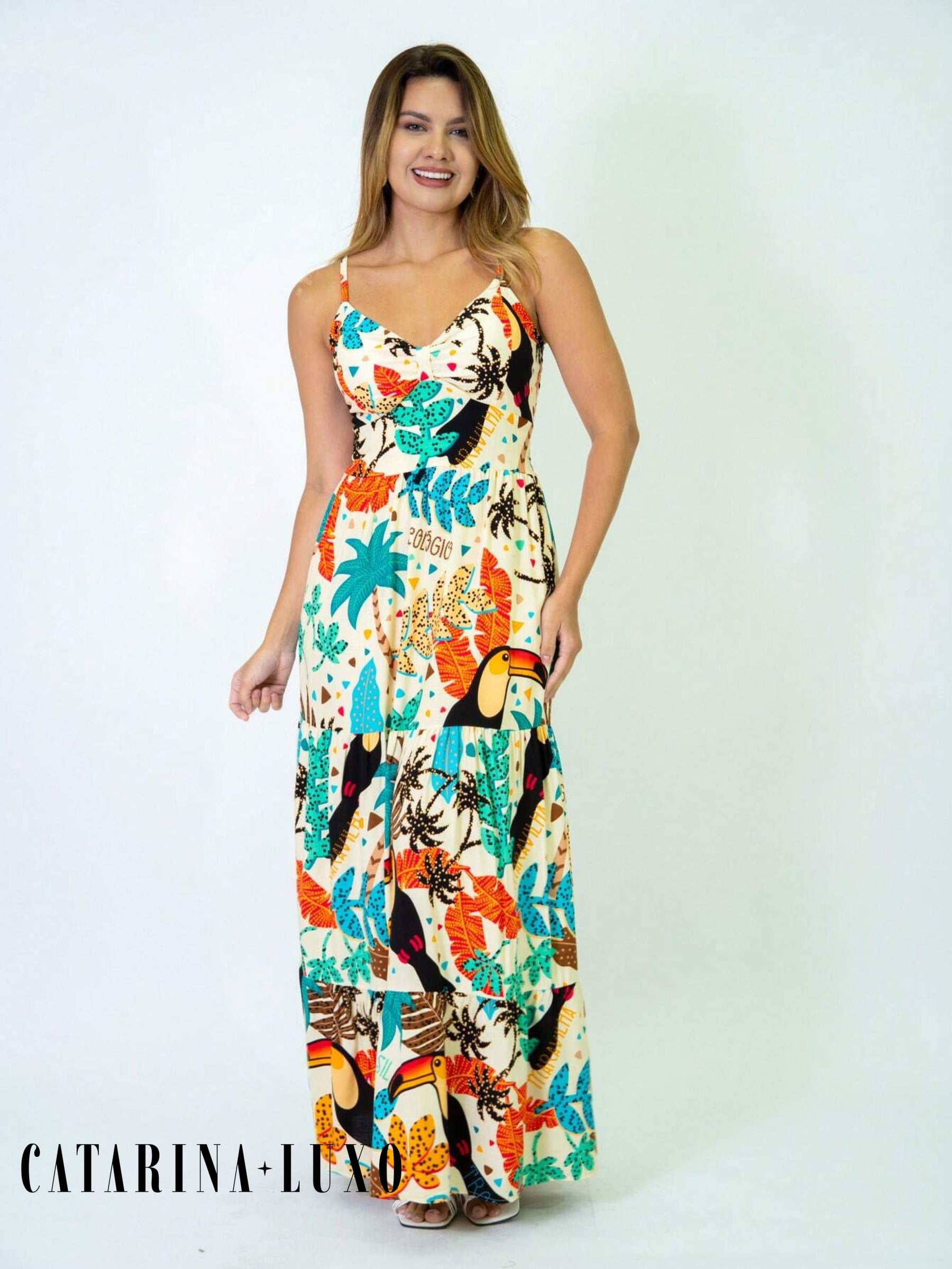 Vestido Longo Franzido Estampado Esther Caramelo / P