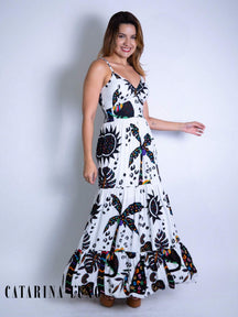 Vestido Longo Franzido Estampado Esther Cinza / P
