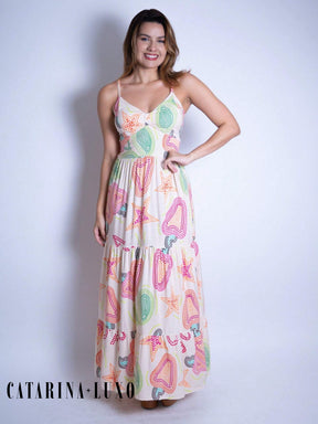 Vestido Longo Franzido Estampado Esther Pêssego / P