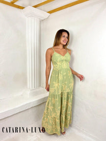 Vestido Longo Franzido Estampado Esther Verde Militar / P