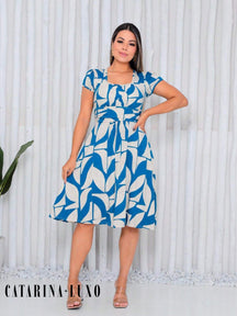 Vestido Mídi Gola Quadrada Estampado Cecília Azul / P